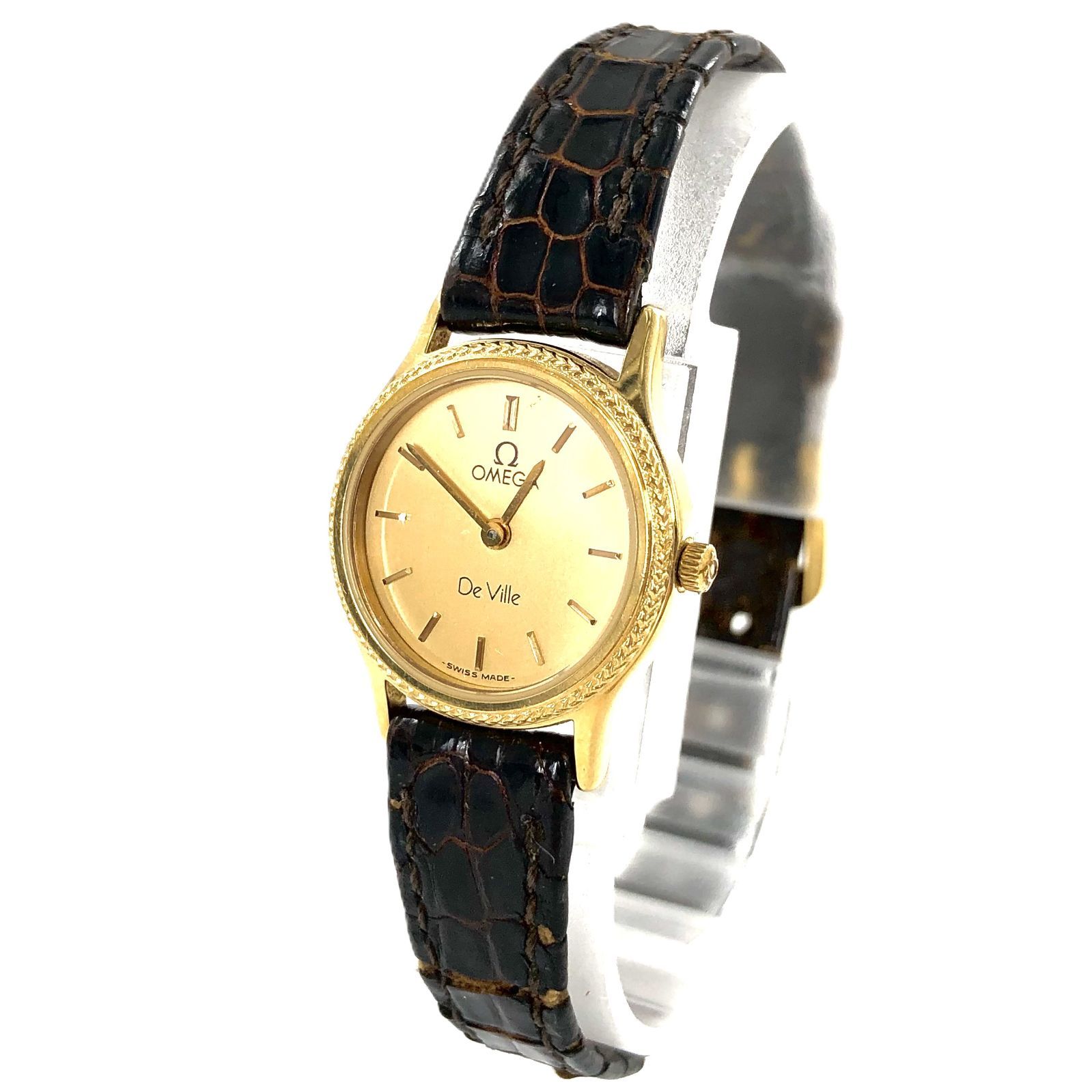 OMEGA オメガ Deville デヴィル QZ|革 ゴールド文字盤 レディース腕時計 稼働品 PF-615