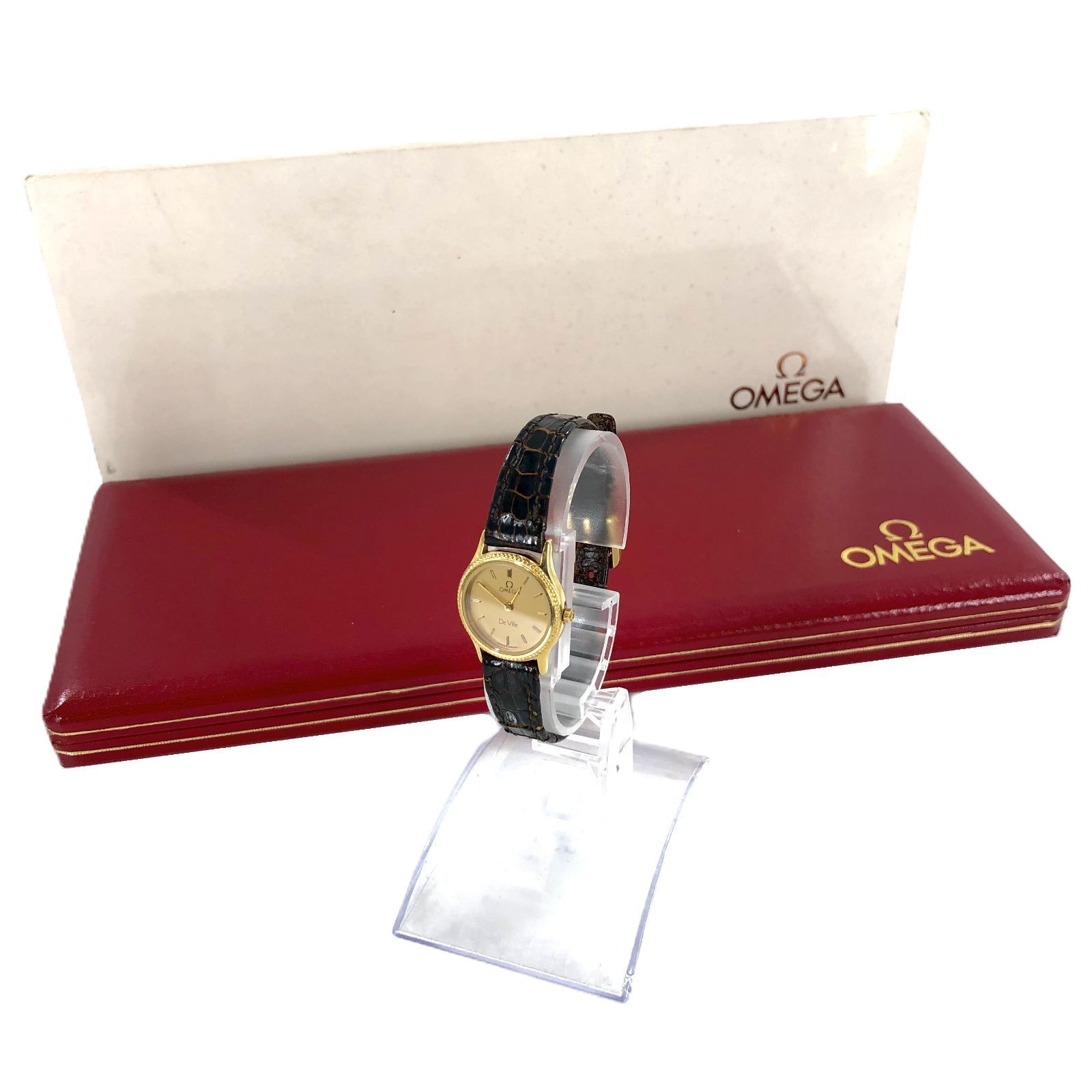 OMEGA オメガ Deville デヴィル QZ|革 ゴールド文字盤 レディース腕時計 稼働品 PF-615