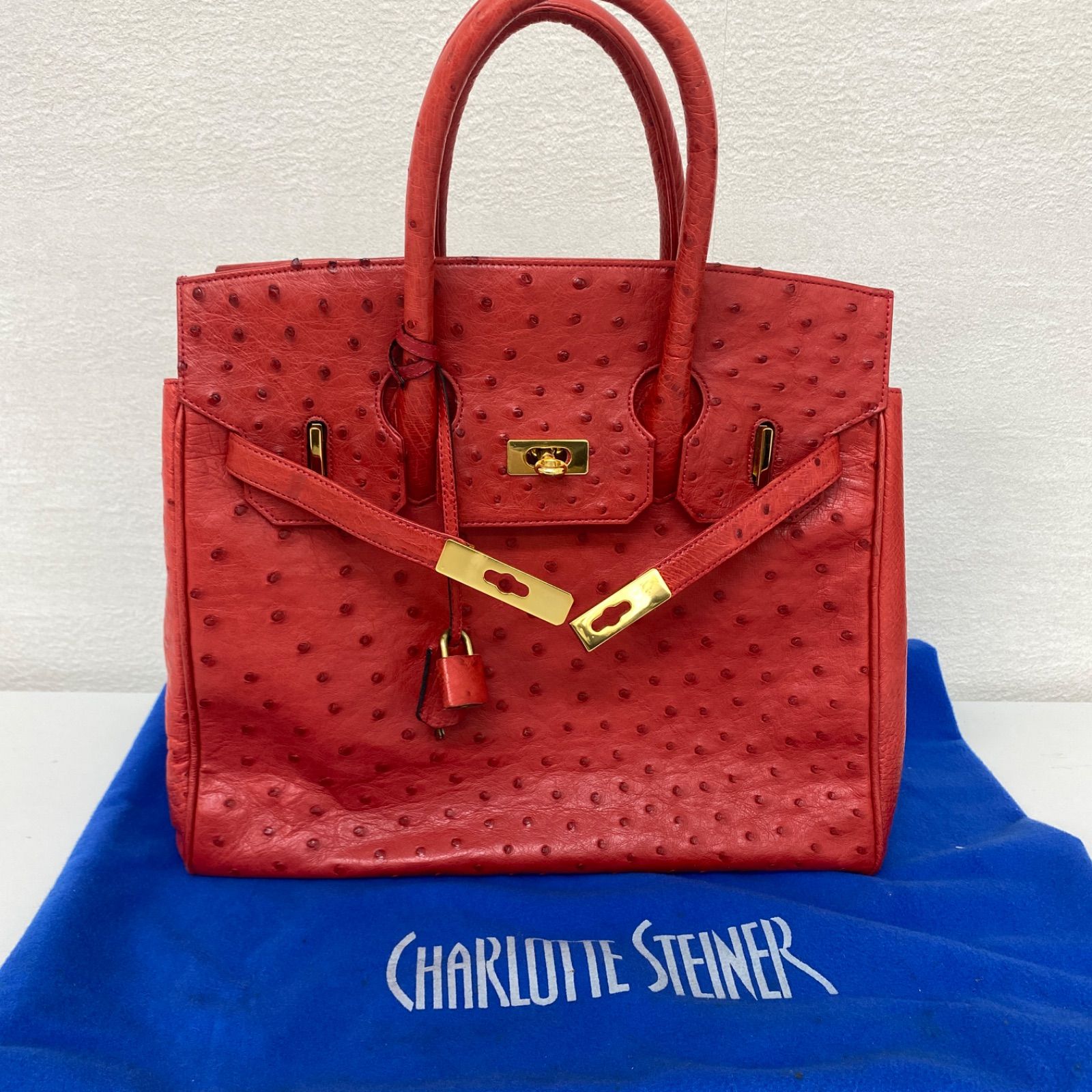 JRA公認 オーストリッチ ハンドバッグ レッドカデナ 鍵付き