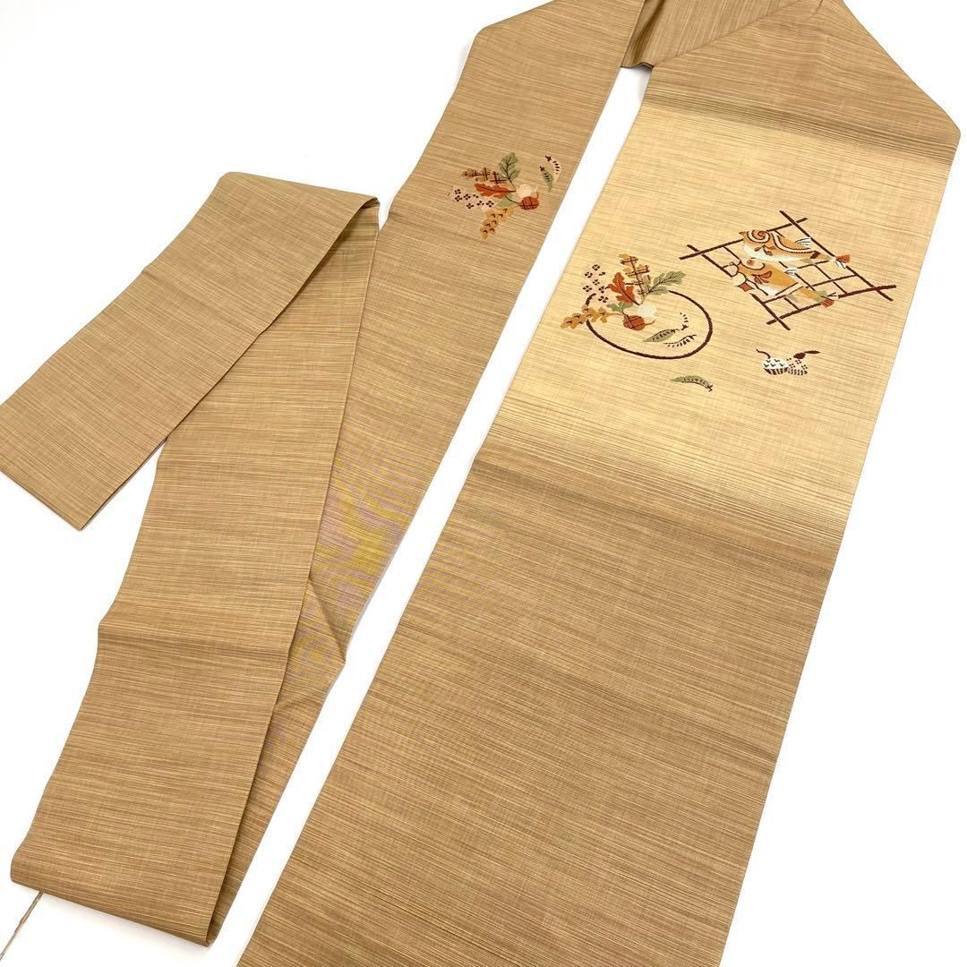 着物と帯 時流 N 241156 t◆正絹 九寸名古屋帯◆フグ 野菜 ベージュ