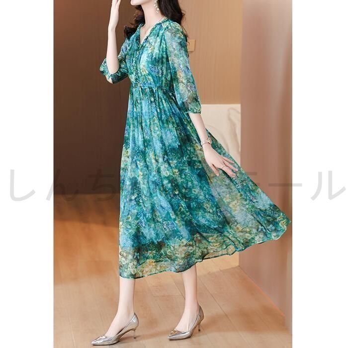 ワンピース 花柄 七分袖 シルク混 透け感 カジュアル レディース フラワー エレガント ドレス きれいめ ボタニカル 袖あり 青 可愛い フェミニン ミモレ丈 Aライン ロング丈 ウエストリボ 大人 ワンピース ワンピ ドレス シルク混 ボタニカル 花柄 フラワー