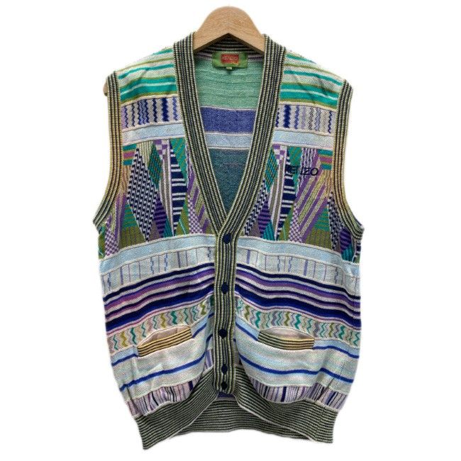 KENZO golf ベスト レイヤード Vネック フルボタン 総柄 3 D 立体 ワンポイント ブランドロゴ 刺しゅう 日本製 古着