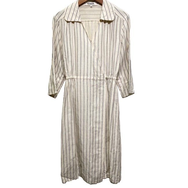 Chloe ワンピース 七分袖 ミディアム丈 Vネック ストライプ ウエストゴム 古着