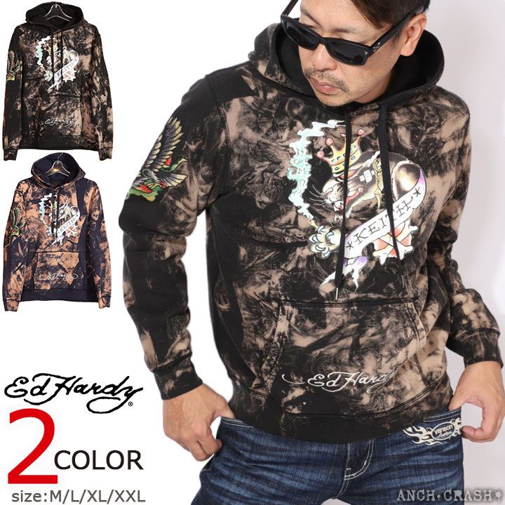 Ed Hardy エドハーディー プルオーバーパーカー EDH-2407 裏毛 ブリーチ加工 刺繍 インクジェット