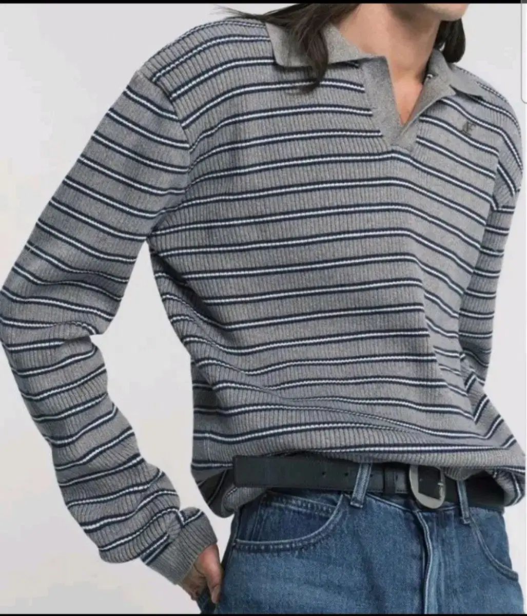 ノイズ ストライプ ポロニット グレー L