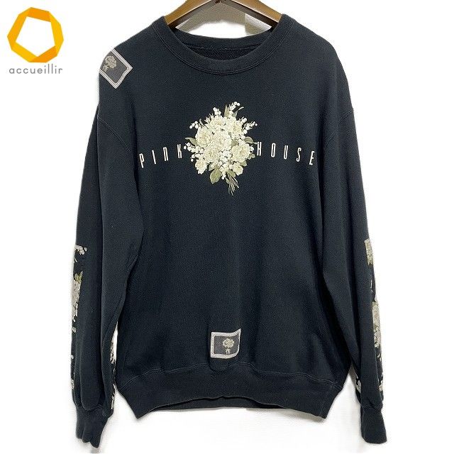 anc ピンクハウス PINKHOUSE トレーナー L 黒 白系 花モチーフ ロゴ
