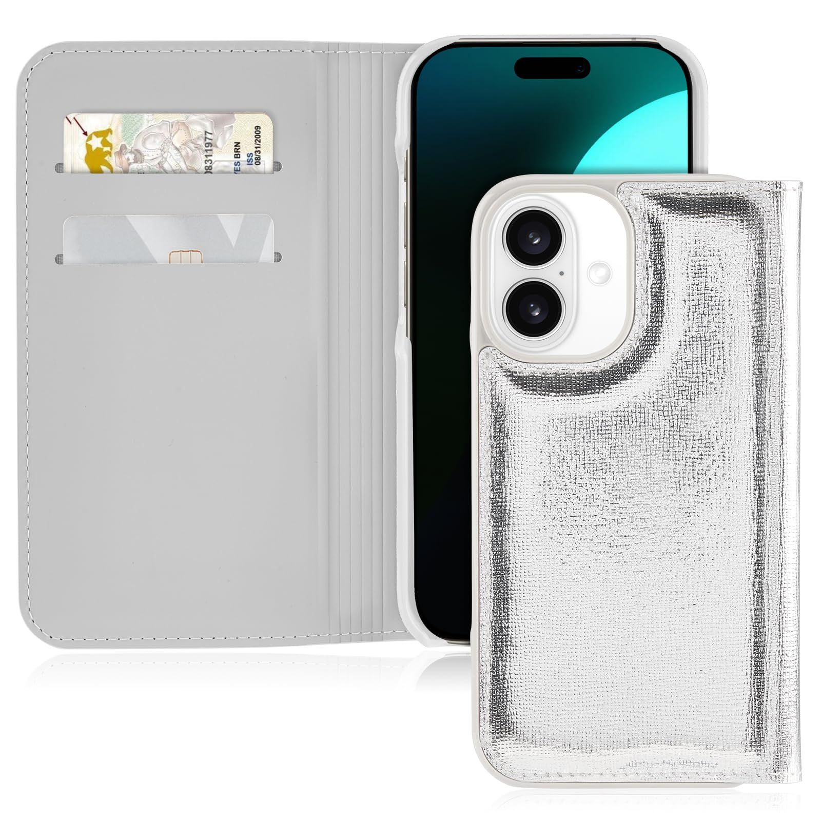 ケイト スペード ニューヨーク ウォレット フォリオ iPhone 16 ケース - ワイヤレス充電対応 デザイナーフォンケース メタリックシルバー