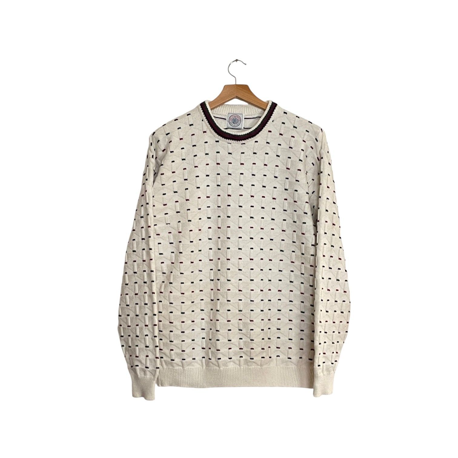 コットンニット｜CAPE ISLE KNITTERS ケープ アイル ニッターズ ｜整った配色の総柄デザイン｜ホワイト 白 ｜メンズLサイズ相当