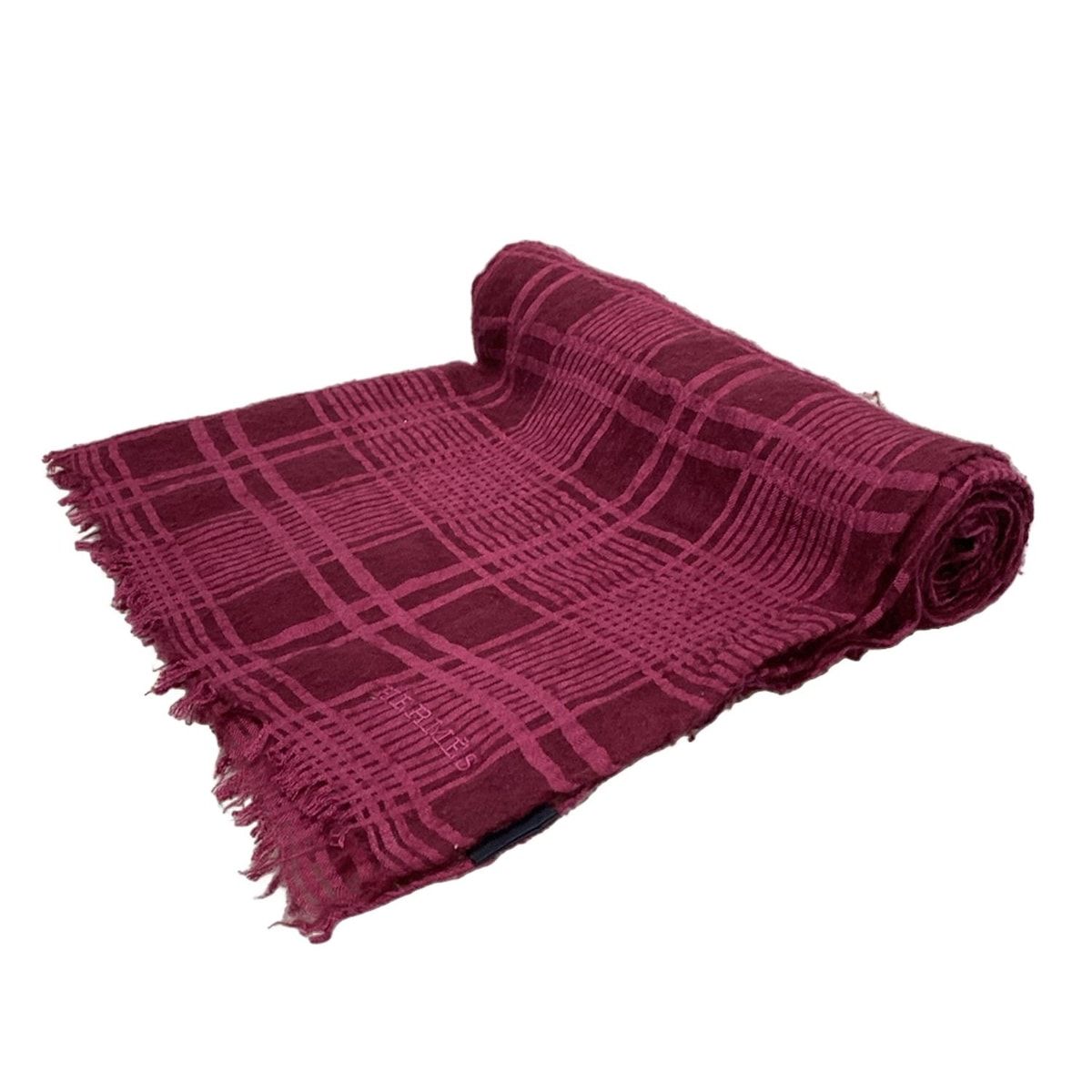 HERMES エルメス ストール ショール - ピンクボルドー チェック柄 カシミヤ シルク