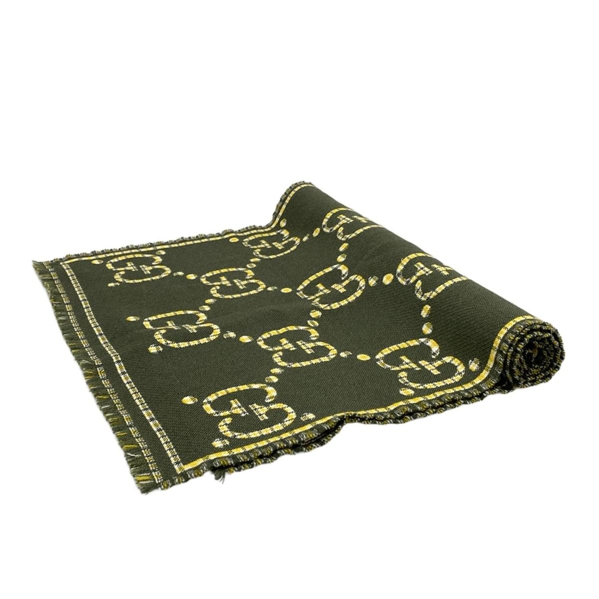 GUCCI グッチ ストール ショール - ダークグリーン×白×イエロー GG柄|660025 4 G 386 ウール