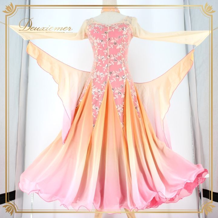 社交ダンス 衣装 スタンダード ドレス ワンピース パーティドレス レディース オールシーズン ICHIOKU イチオク ピンク系 オレンジ系 花柄 華やか スパンコール フロート付き 軽やか 美しい ドレッシー フェスティバル おしゃれ 結婚式 競技用