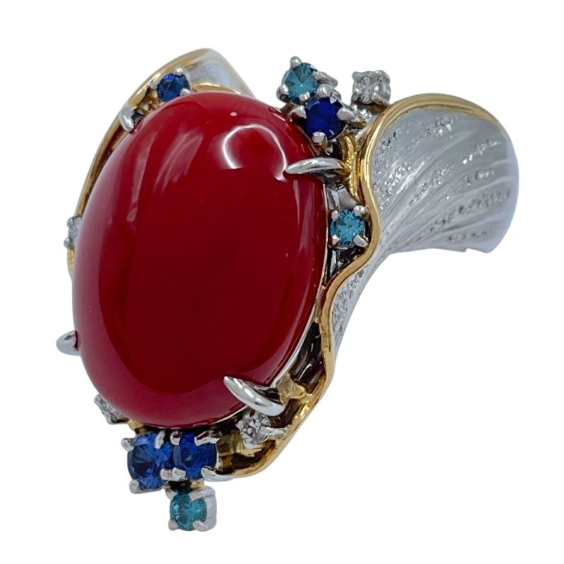 石川暢子 サンゴ/サファイア/ダイヤリング ゴールドxプラチナ K18