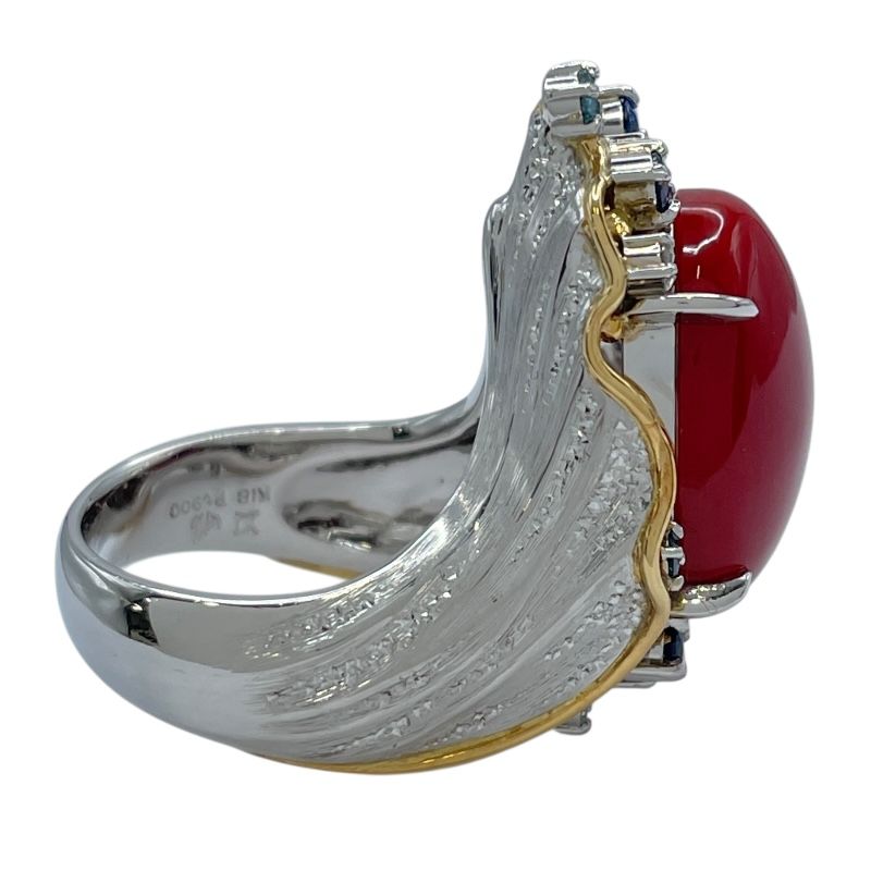 石川暢子 サンゴ/サファイア/ダイヤリング ゴールドxプラチナ K18