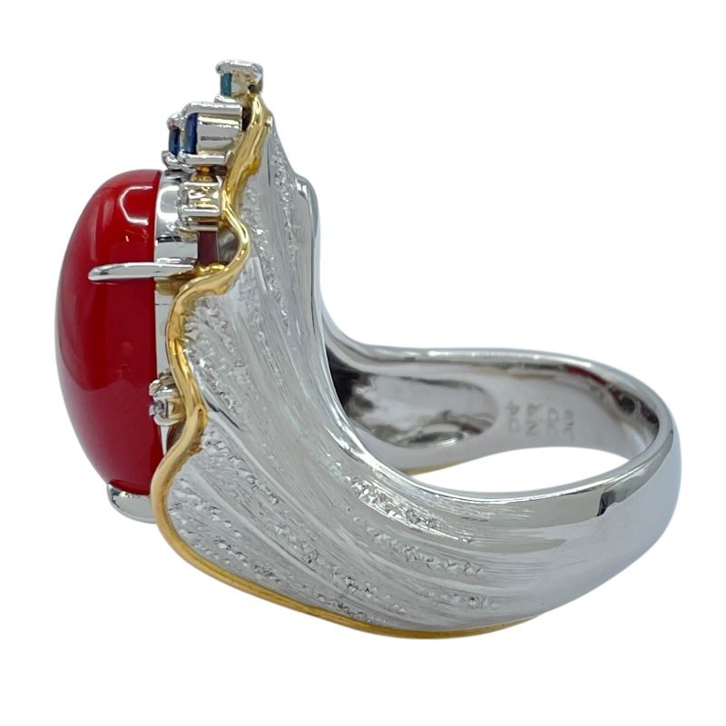 石川暢子 サンゴ/サファイア/ダイヤリング ゴールドxプラチナ K18