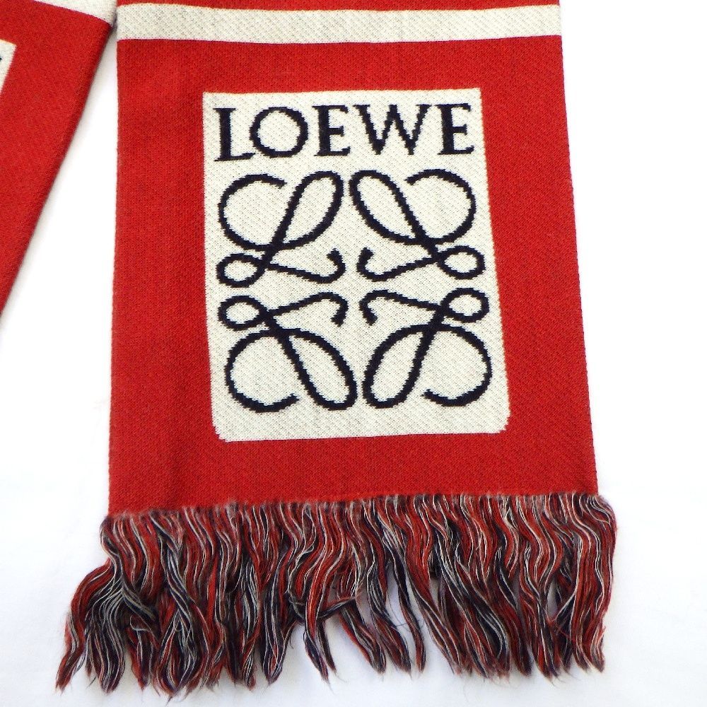 LOEWE ロエベ マフラー フットボール ジャカード スカーフ ウール アナグラム ロゴ ボーダー ストライプ レッド系 箱つき メンズ レディース A 25-2767