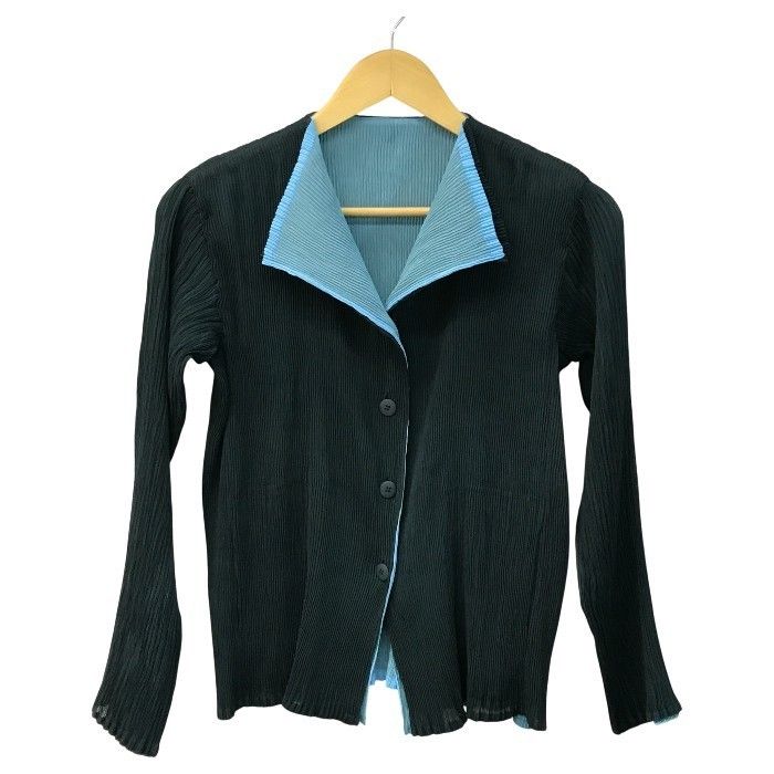 ISSEY MIYAKE イッセイミヤケ ホワイトレーベル ジャケット レディース カーディガン プリーツ 二重 レイヤード グリーン|ブルー系 T 1