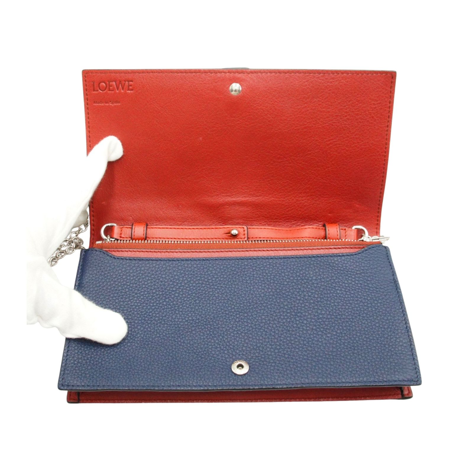 ロエベ ネイビー 長財布 チェーンウォレット レッド レザー アナグラム