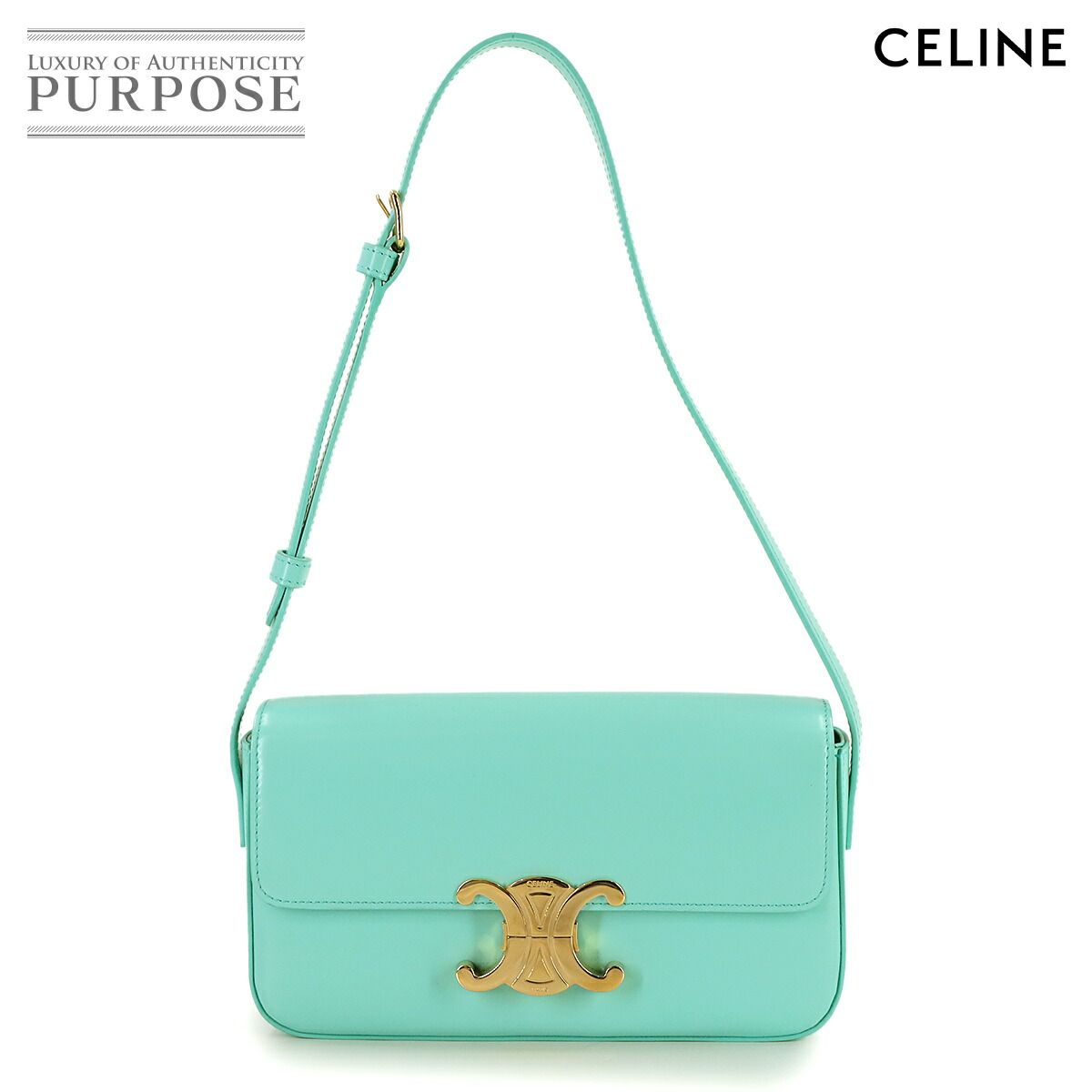 セリーヌ CELINE トリオンフ クロード ショルダー バッグ レザー ターコイズ ゴールド 金具 Claude Bag