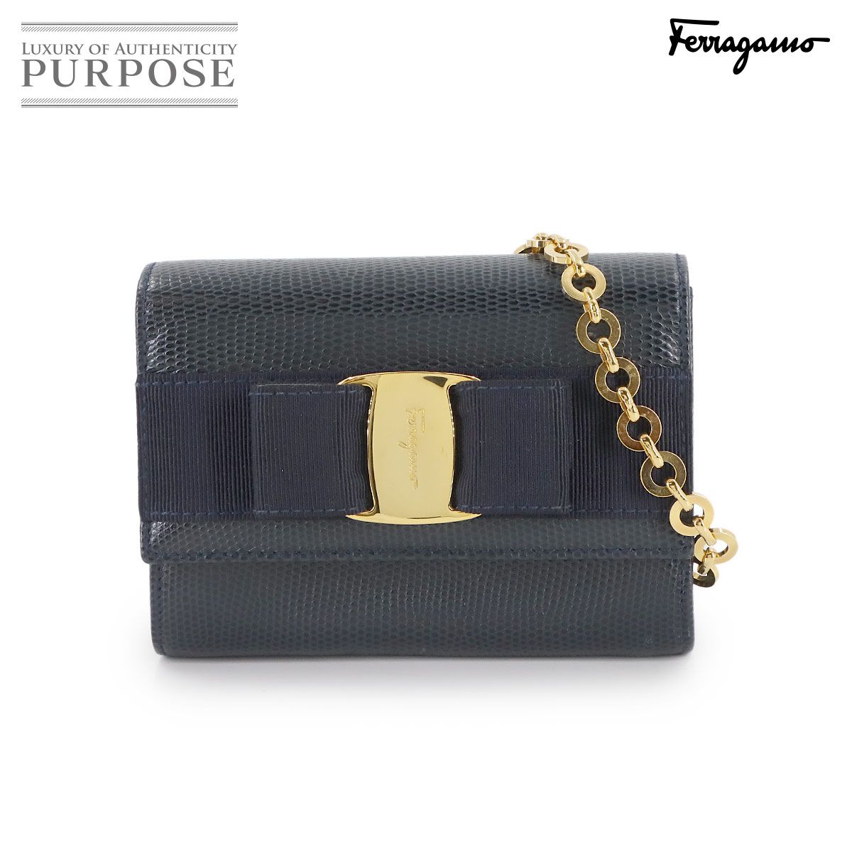 サルヴァトーレ フェラガモ Salvatore Ferragamo ヴァラリボン チェーン ショルダー バッグ レザー ネイビー AQ-213202