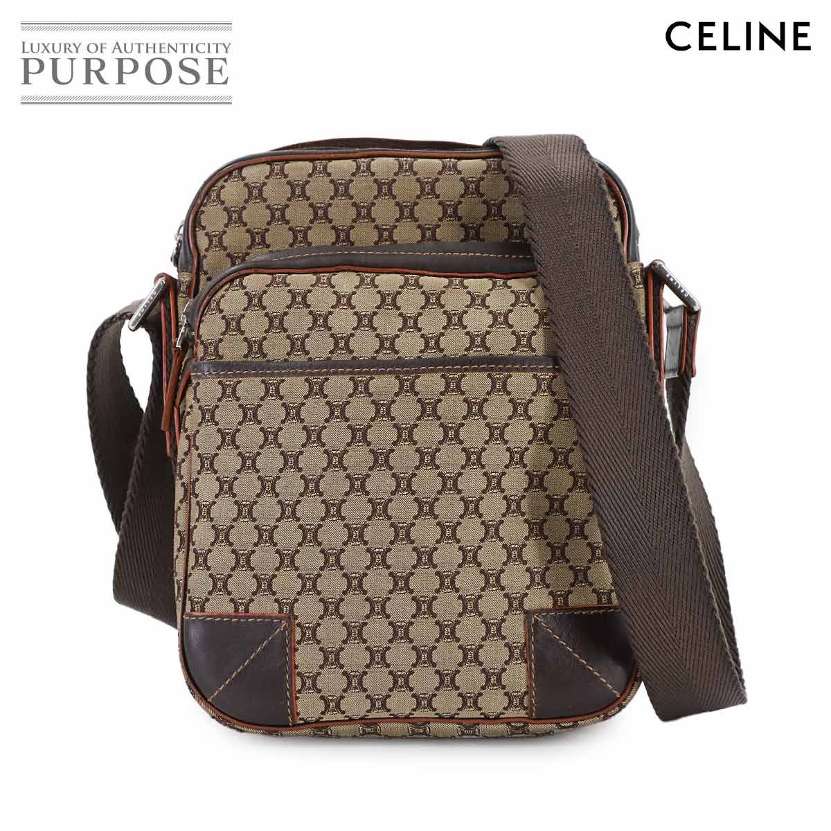 セリーヌ CELINE マカダム ショルダー バッグ キャンバス レザー ベージュ ブラウン シルバー 金具 ヴィンテージ