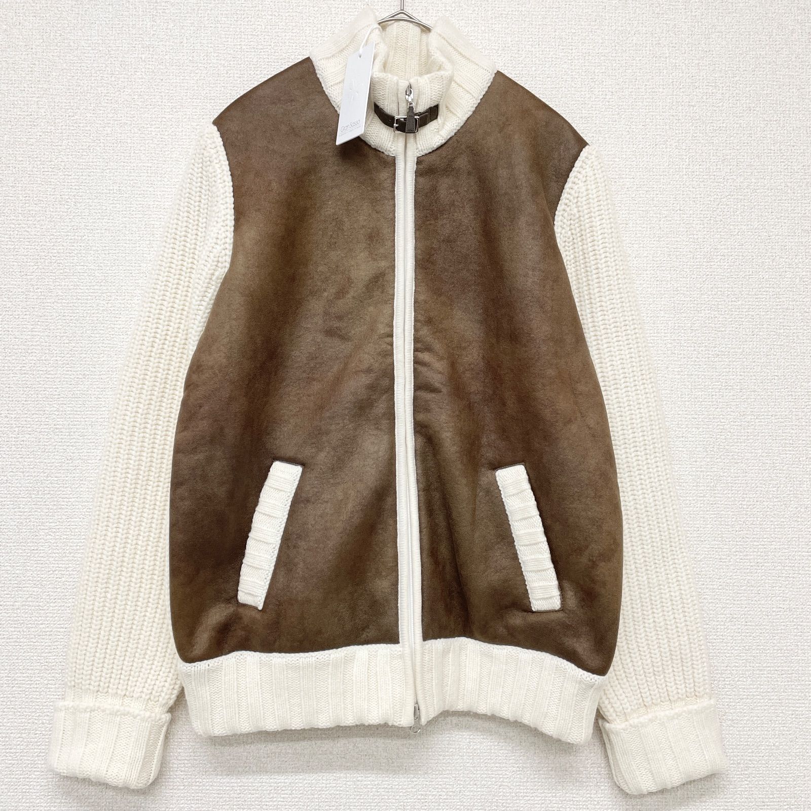 Gran Sasso グランサッソ コンビブルゾン ジャケット ニット フェイクスエード 切替 ジップ ウール アイボリー×ブラウン イタリア製 メンズ 50