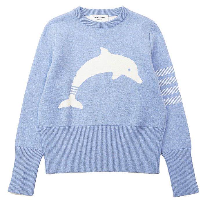 THOM BROWNE トムブラウン セーター 4 BAR ストライプ ドルフィン イルカ インターシャ 天竺編み プレーン ストレッチ ニット プルオーバー クルーネック ロングスリーブ 丸首 長袖 トップス レディース 36 サックスブルー 白 イタリア製