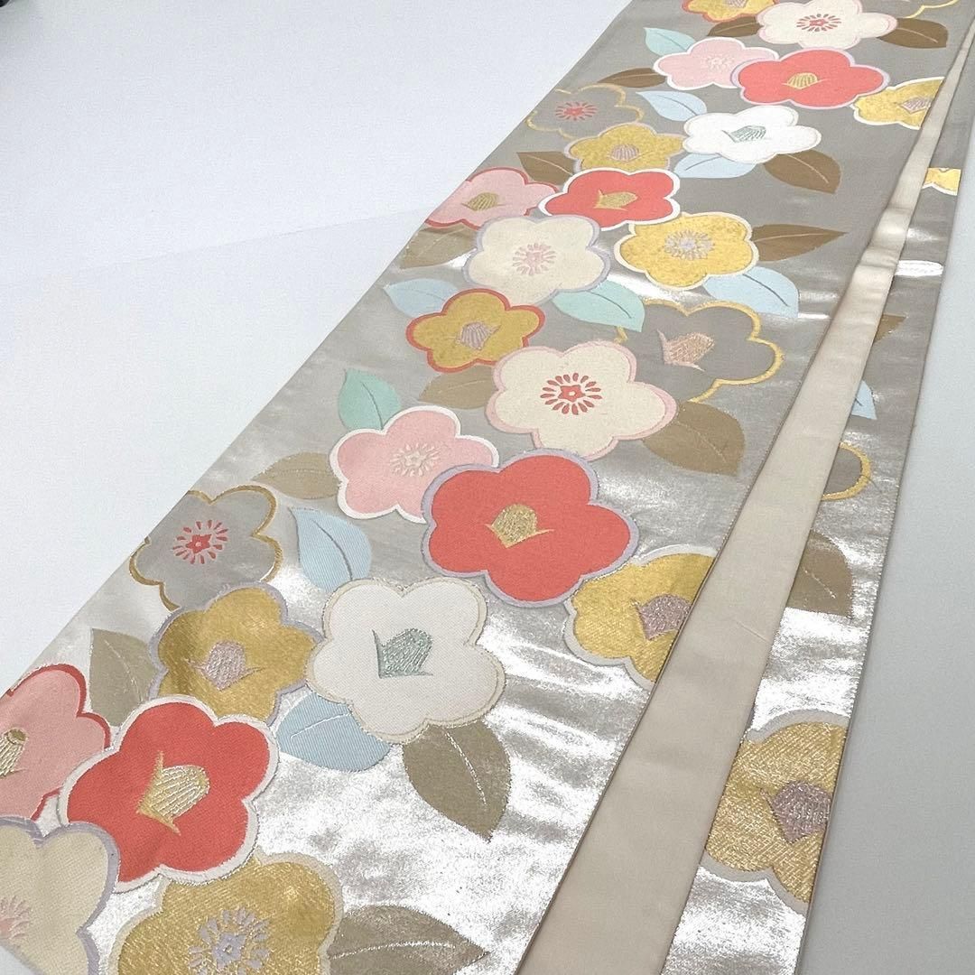 着物と帯 時流 F 241070◆正絹 袋帯◆椿 シルバー