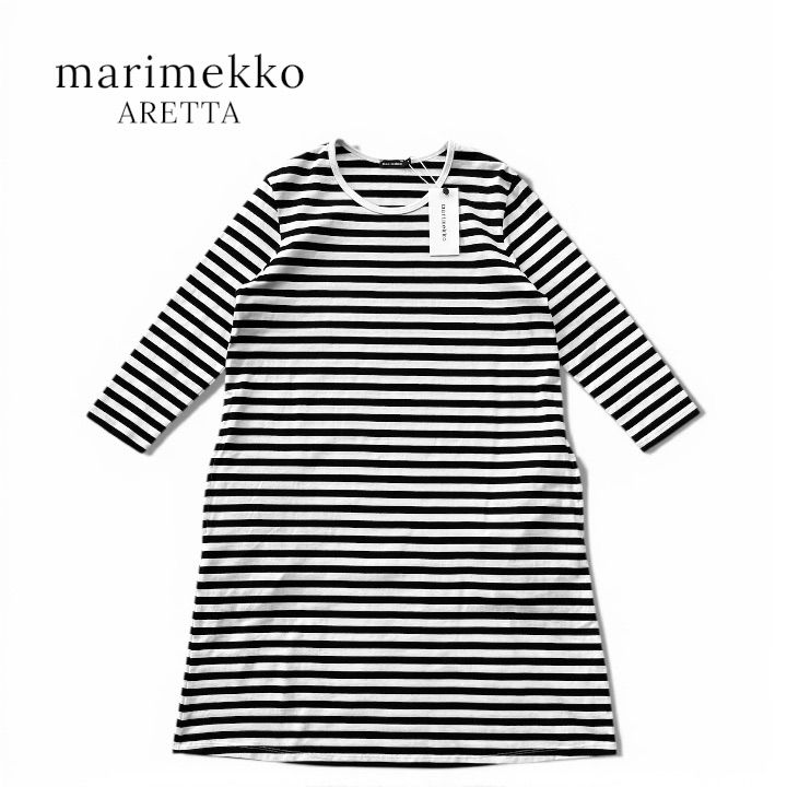 ♥品 marimekko マリメッコ ARETTA Dress JERSEY アレッタドレス タラサイワンピース ボーダー クルーネック Aライン フ コットン 七分袖 薄手 S ホワイト×ブラック M 201