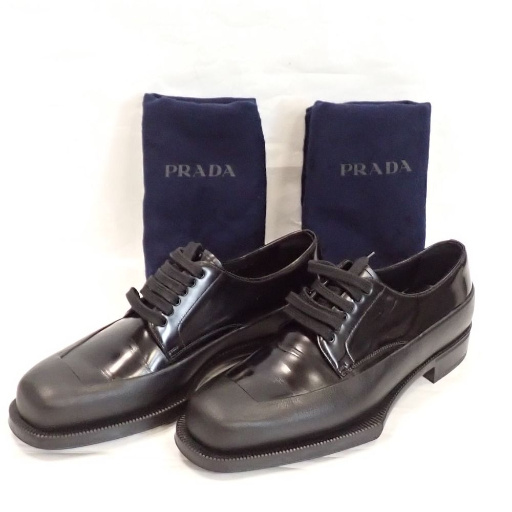 Th 667381 プラダ ブラッシュドレザー ダービーシューズ ラバーソール 2 EG 413 ブラック サイズ 6 革靴 メンズ PRADA 良好