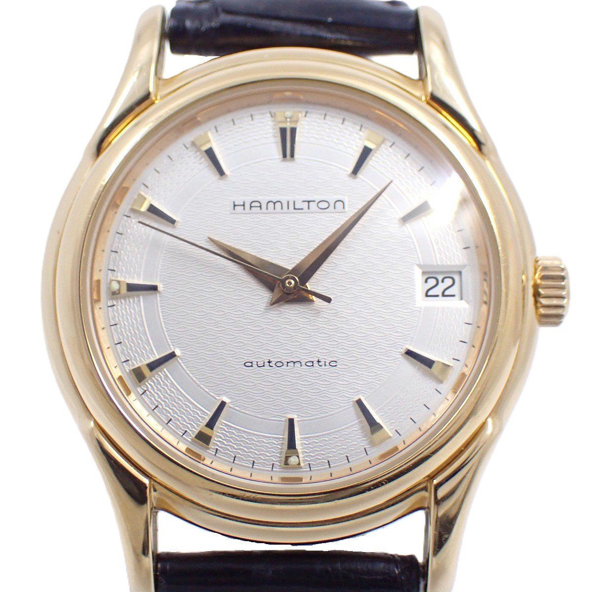 ハミルトン 自動巻き メンズ 腕時計 ゴールドGP シルバー文字盤 純正革ベルト 6234 いおき質店