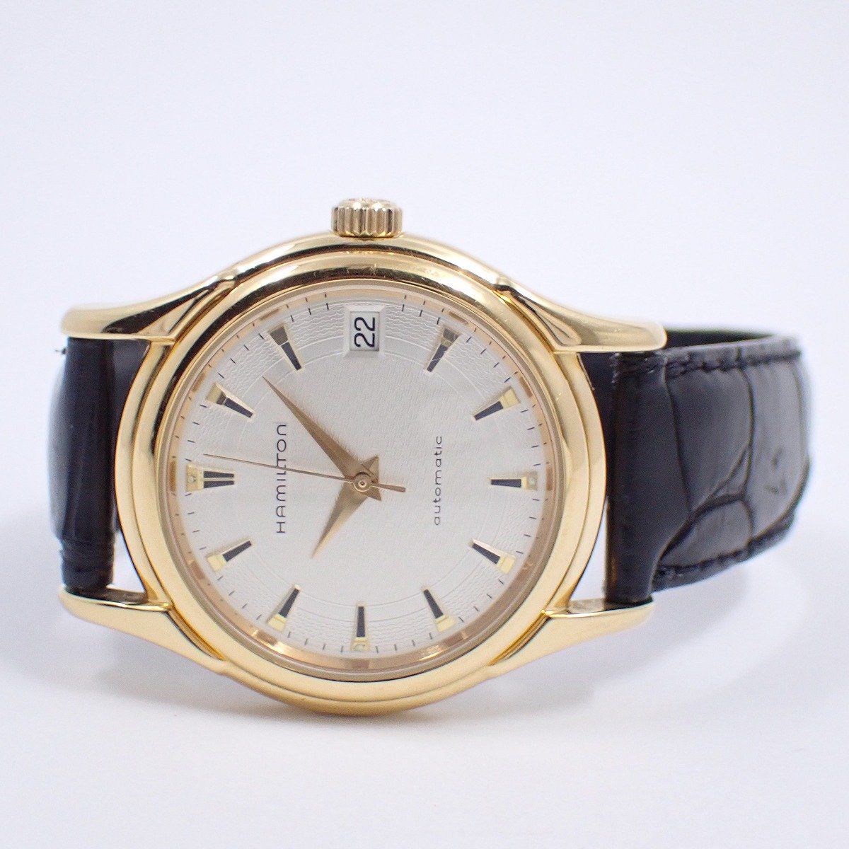 ハミルトン 自動巻き メンズ 腕時計 ゴールドGP シルバー文字盤 革ベルト 6234