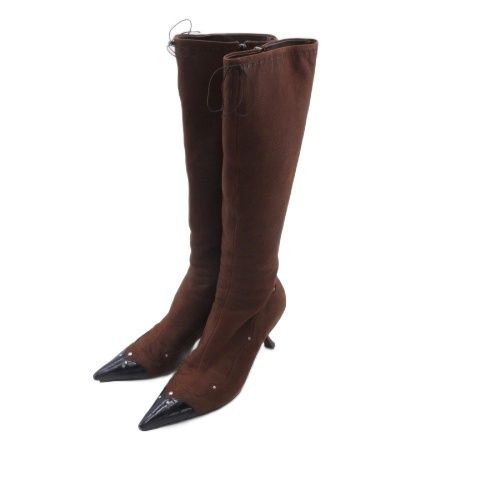 プラダ PRADA ロング ブーツ レザー スタッズ リボン 36.5 ブラウン