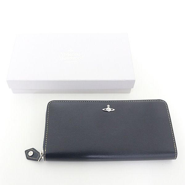 ヴィヴィアン ウエストウッド インサイドカラー ラウンドファスナー長財布 オーブ VWK507 ネイビー Sランク【中古】 ヴィヴィアン ウエストウッド インサイドカラー ラウンドファスナー長