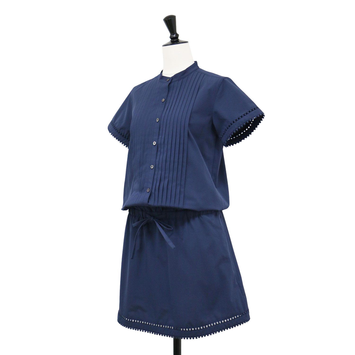 MASTER BUNNY EDITION マスターバニーエディション ワンピース ネイビー 紺 サイズ:0(S) / ノーカラー ロゴ 刺繍 ワンピース / ミディ丈 半袖 レース プリーツ タック / トップス ドレス【レディース】【中古】【K4485】 MASTER BUNNY EDITION マスターバニーエディション ワンピース