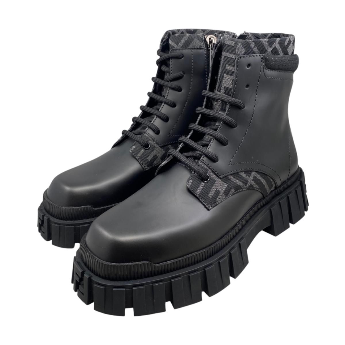 フェンディ アンクルブーツ ズッカ柄 レースアップ 7 U 1458 レザー FFロゴ ブラック FENDI