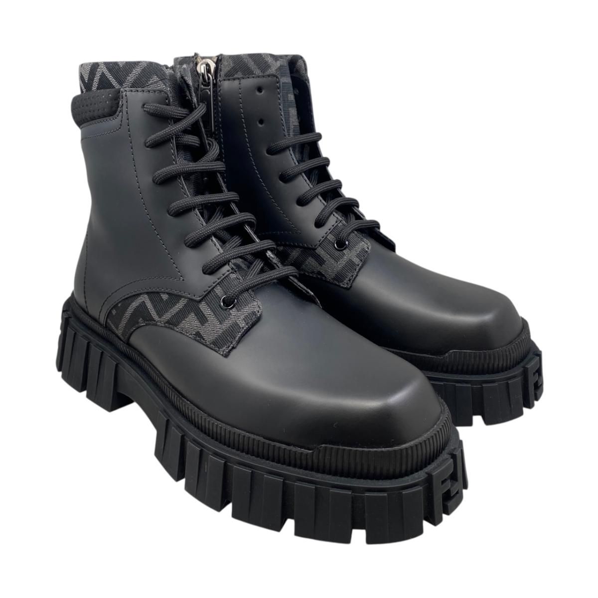 フェンディ アンクルブーツ ズッカ柄 レースアップ 7 U 1458 レザー FFロゴ ブラック FENDI