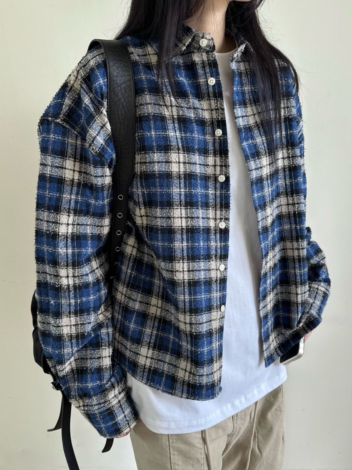 25 FW ダメージ クロップド チェックシャツ カラー デイリー デザインテープ ユニセックス オーバーサイズ