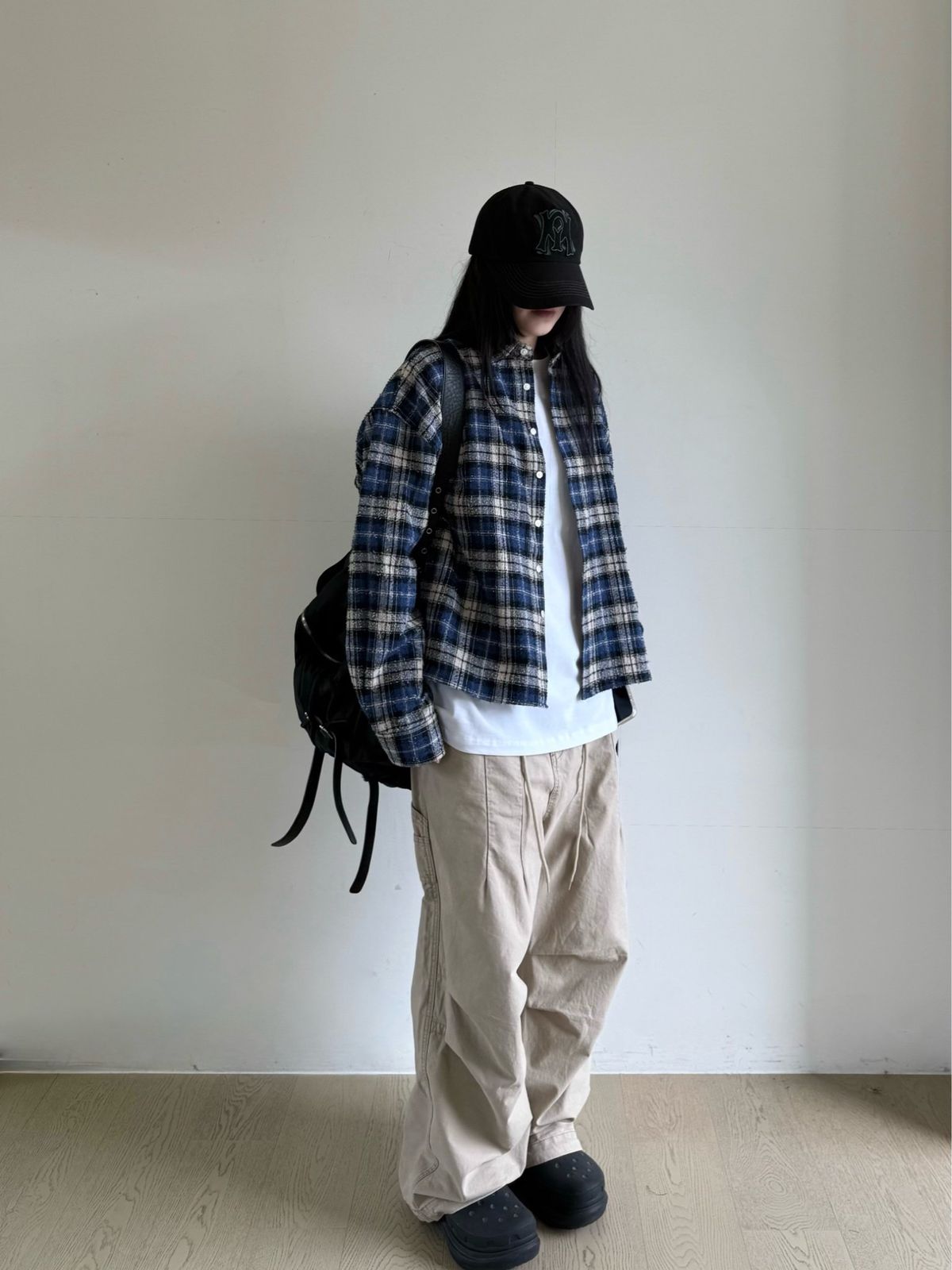 25 FW ダメージ クロップド チェックシャツ カラー デイリー デザインテープ ユニセックス オーバーサイズ