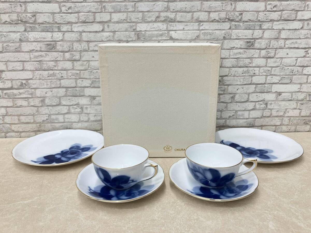 大倉陶園　ブルーローズ　カップ2客&ケーキ皿5枚 大倉陶園 ブルーローズ カップ2客&ケーキ皿5枚 箱あり 大倉