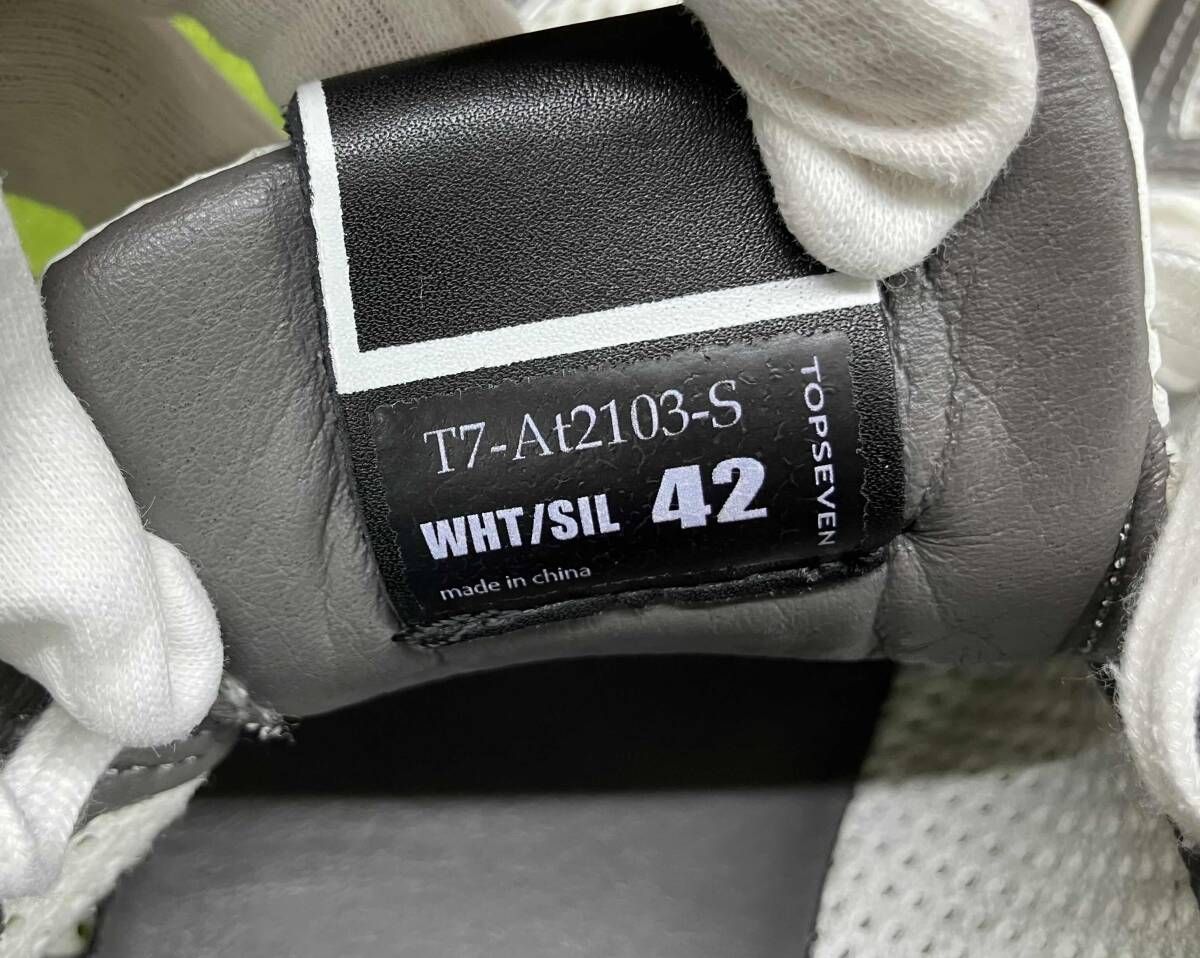  TOP SEVEN トップセブン レザースニーカー ジップ付き メッシュ サイズ26.5 cm EU 42 ホワイト系×シルバー系 メンズ シューズ 靴 収納袋付 スニーカー 靴