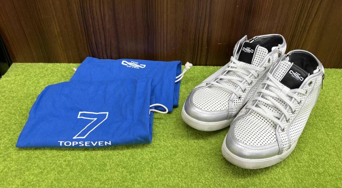 TOP SEVEN トップセブン レザースニーカー ジップ付き メッシュ サイズ26.5 cm EU 42 ホワイト系×シルバー系 メンズ シューズ 靴 収納袋付