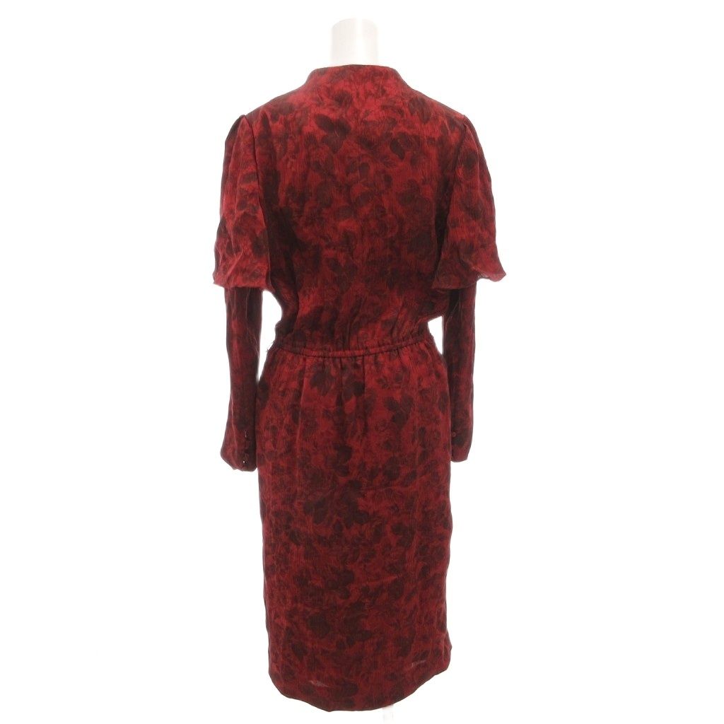ジュンアシダ jun ashida シルクワンピース ロング 長袖 フェイクレイヤード Vネック 花柄 総柄 9 赤 レッド |GV GY 06