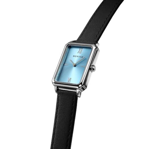 BERING|ベーリング レディースユニセックス腕時計 レクタングル 長方形 アイスブルー スカイブルー ブラウンレザー 革 シルバーケース サファイアガラス 医療用ステンレススチール キズつきにくい 17423-408