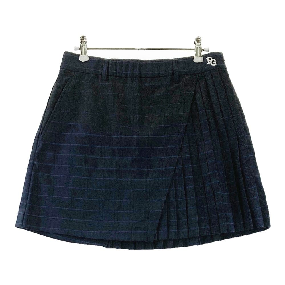 サイズ 0 PEARLY GATES パーリーゲイツ プリーツ切替 ストレッチスカート チェック柄 ネイビー系 ゴルフウェア レディース ストスト