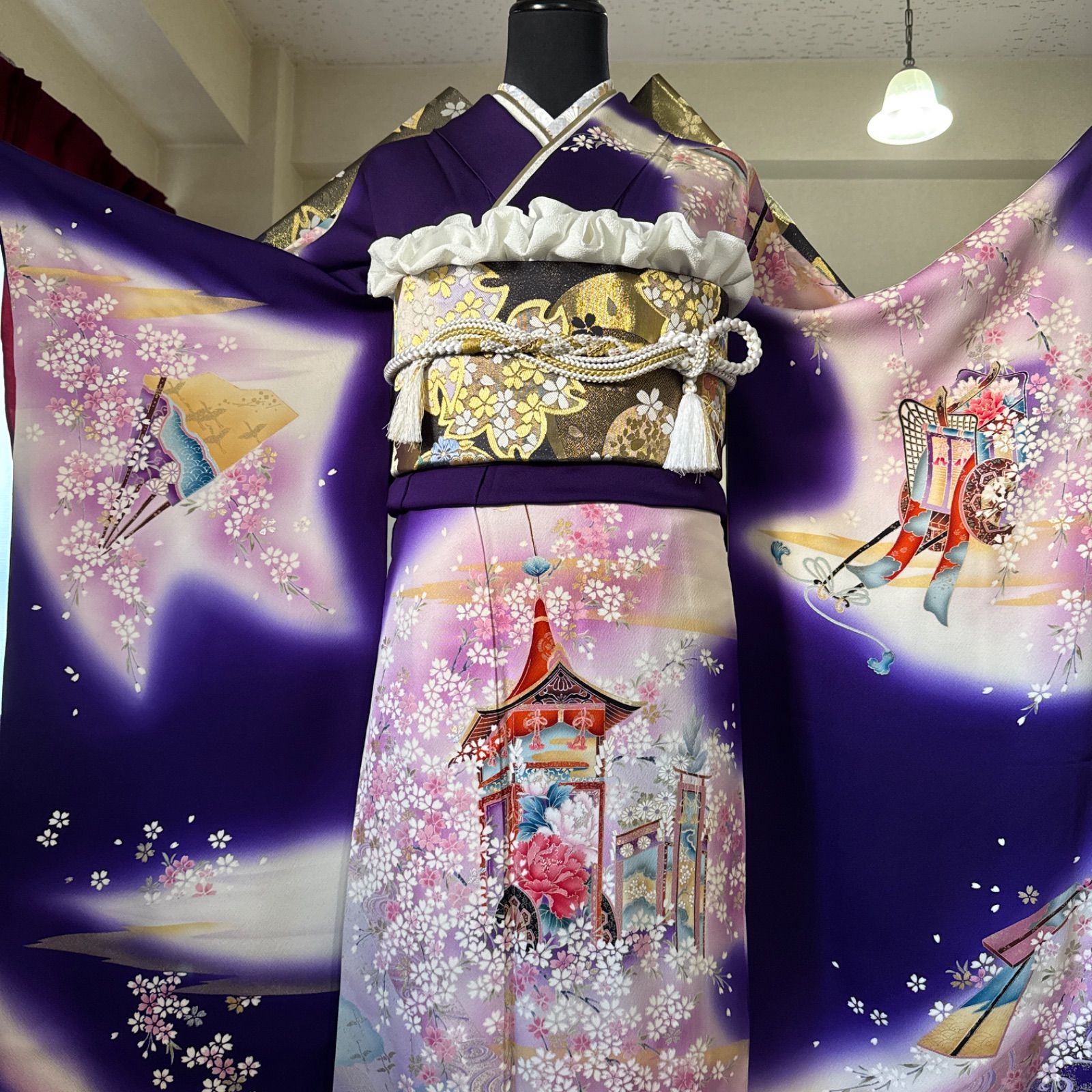  正絹 豪華振袖セット 4点 セット 振袖 袋帯 半衿 帯揚げ パールトーン 深紫 山鉾 飛鶴 枝垂れ桜 金銀彩 暈し染 手縫い 振袖 着物