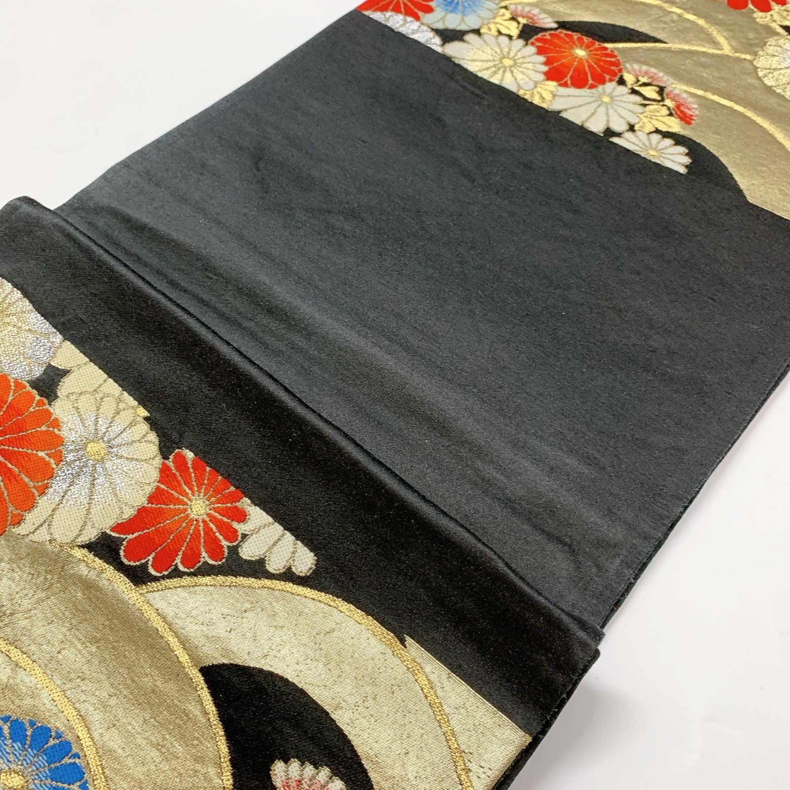 6544］袋帯 菊青海波文様 刺繍 六通 金銀糸 正絹 着物 フォーマル 黒