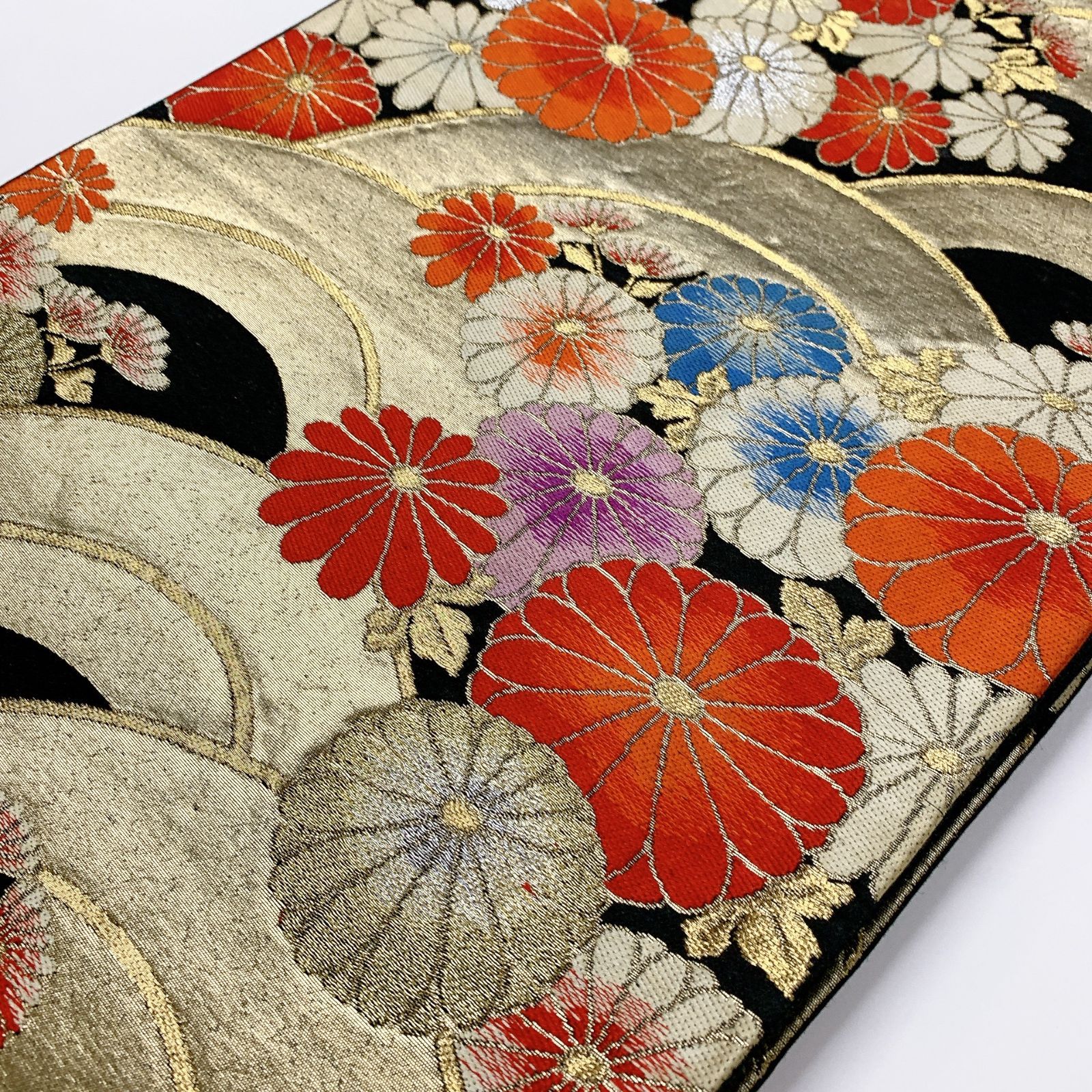 6544］袋帯 菊青海波文様 刺繍 六通 金銀糸 正絹 着物 フォーマル 黒