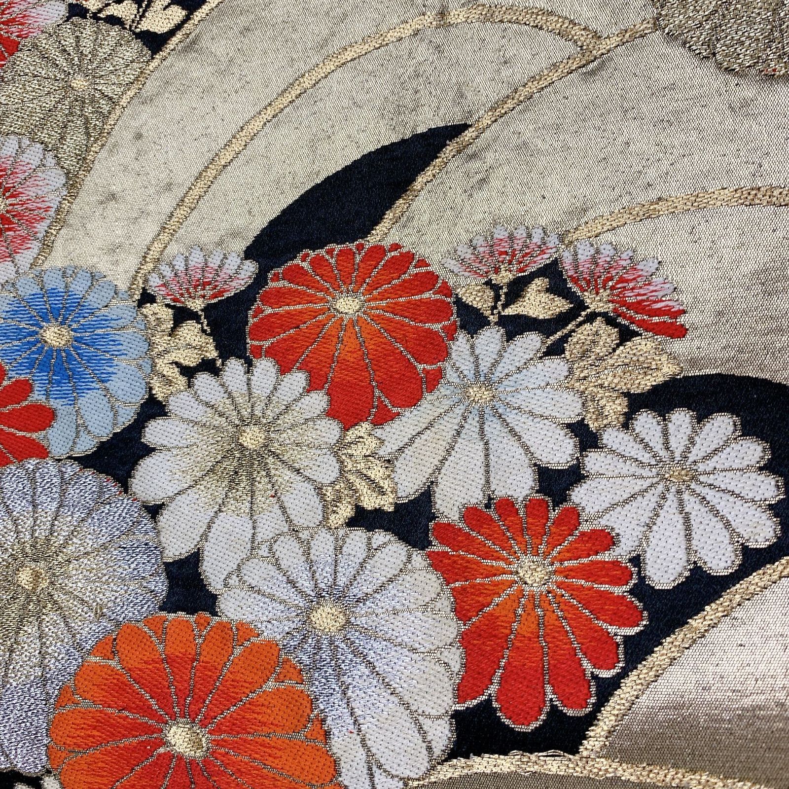 6544］袋帯 菊青海波文様 刺繍 六通 金銀糸 正絹 着物 フォーマル 黒