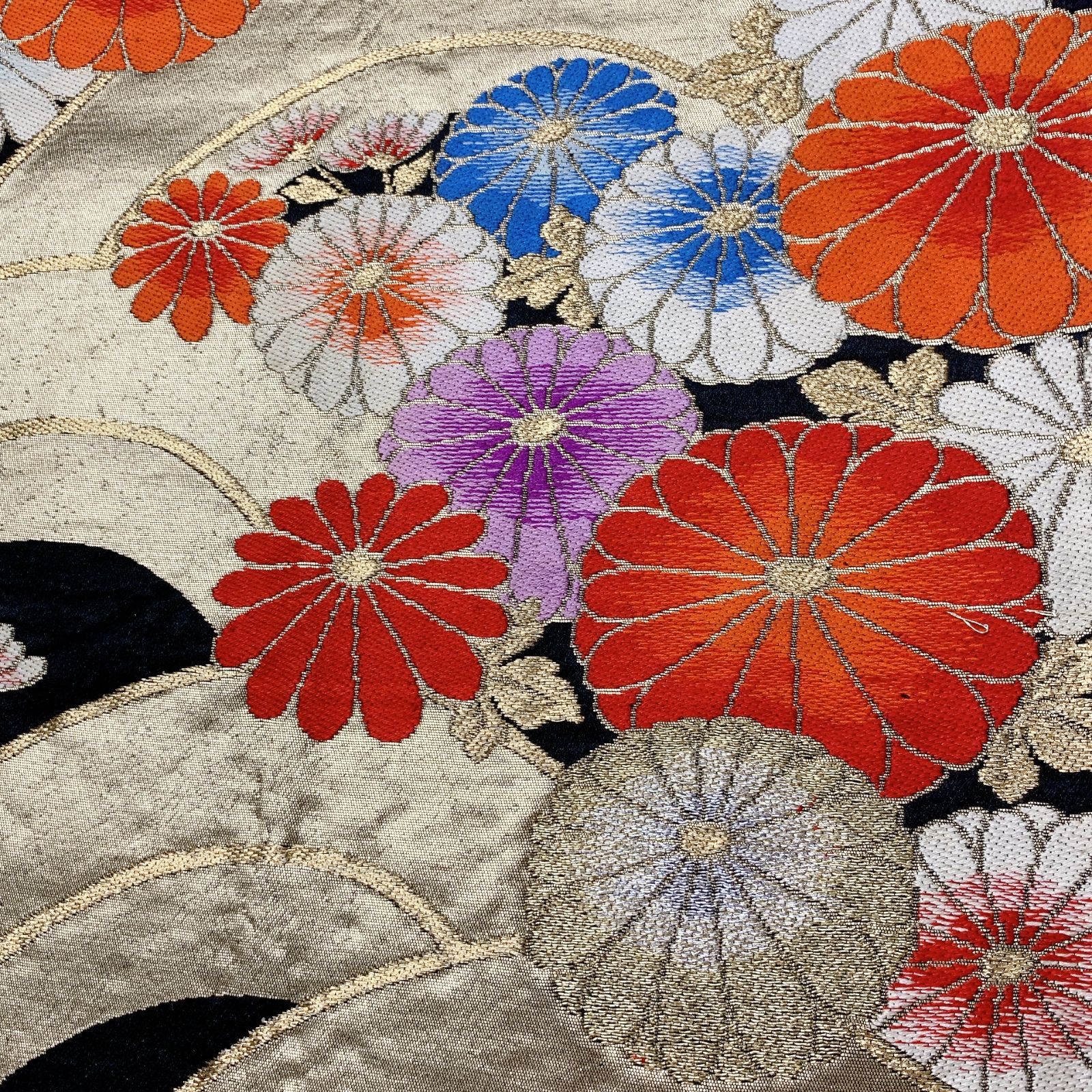 6544］袋帯 菊青海波文様 刺繍 六通 金銀糸 正絹 着物 フォーマル 黒