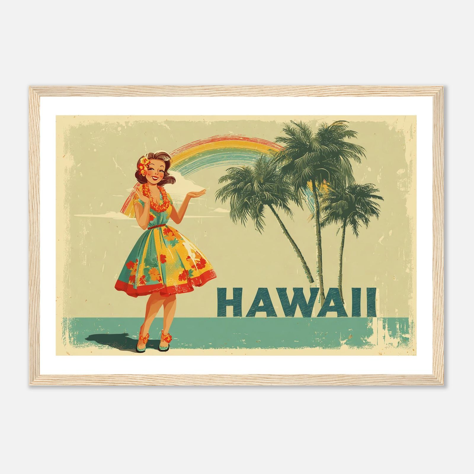 ハワイアンアート A4｜虹とフラガールが微笑む南国ヴィンテージ風